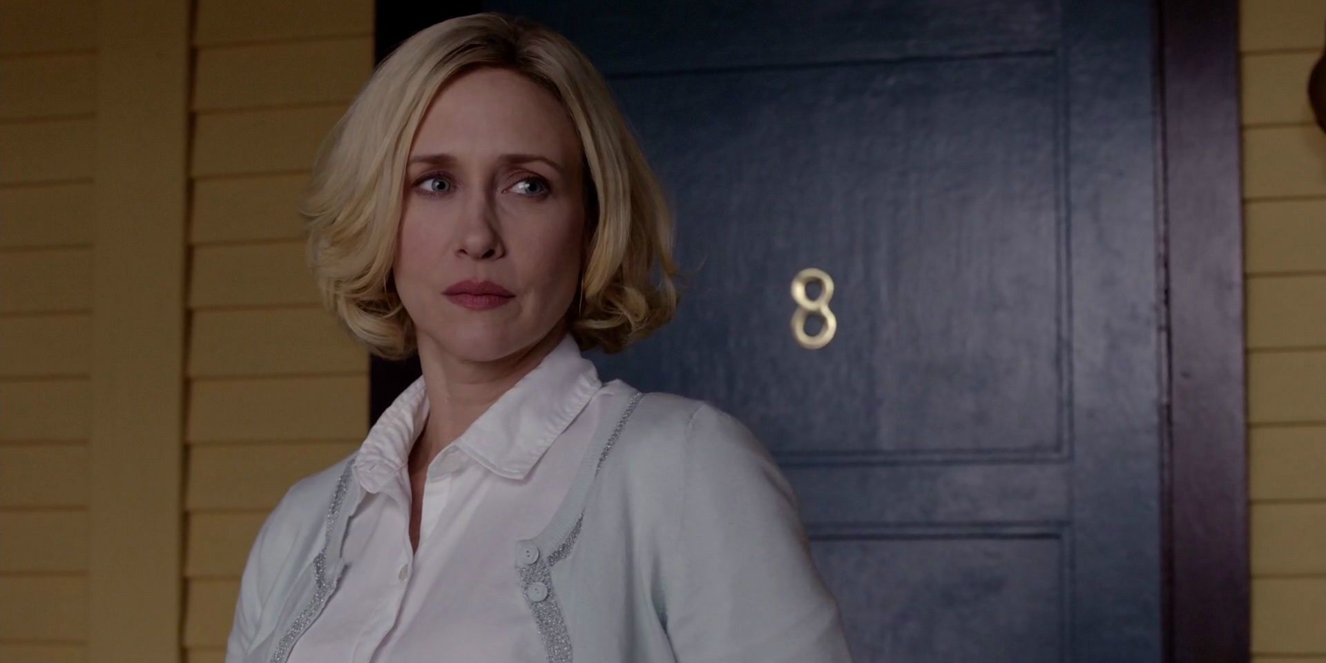 Norma Bates looking to her left in Bates Motel