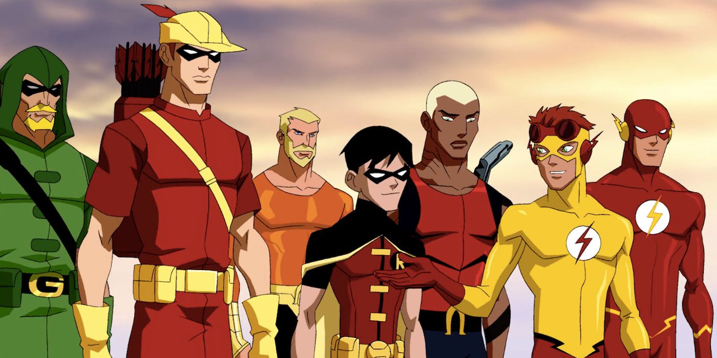 Membros da equipe da Justiça Jovem e da Liga da Justiça The Flash Green Arrow Aquaman e Robin