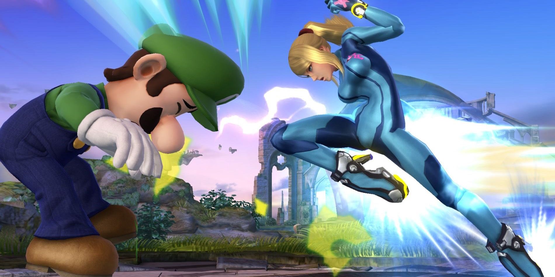 Zero-Suit Samus fighting Luigi in Super Smash Bros. Ultimate