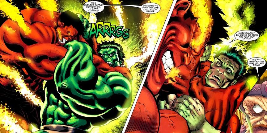 Red Hulk Stealing Energy From Green Hulk