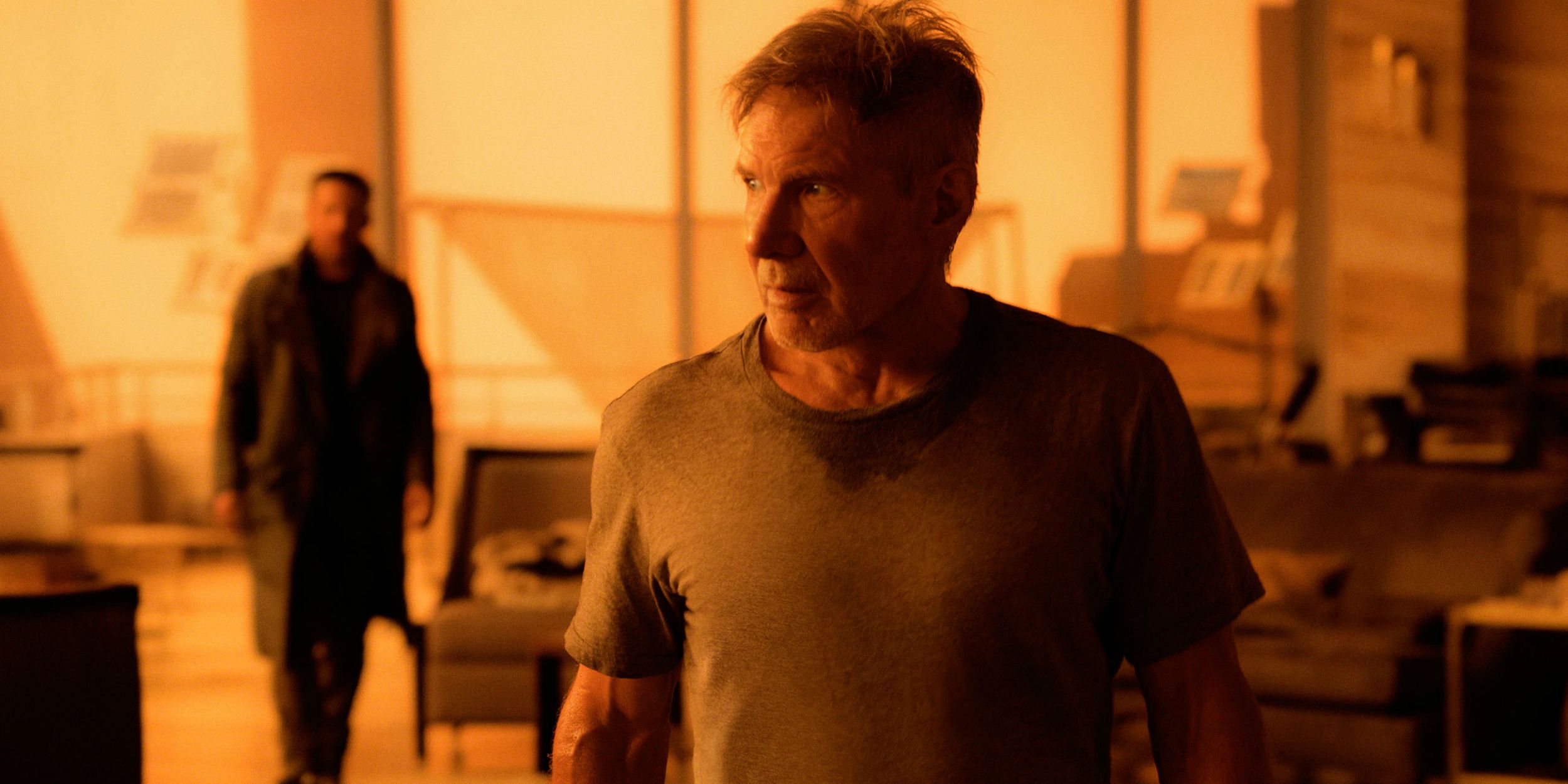 Harrison Ford and Ryan Gosling in sunlit room in Blade Runner 2049