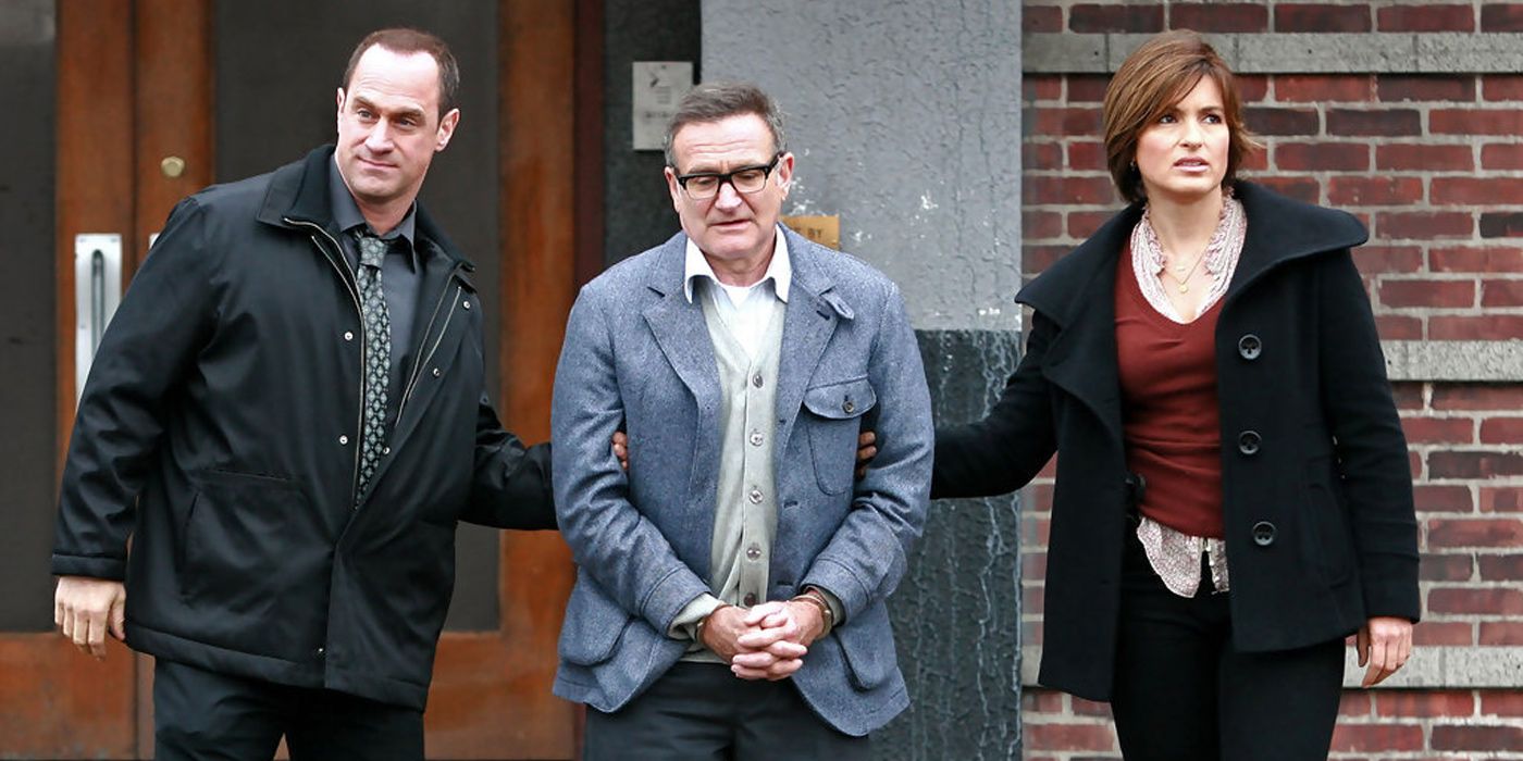 Benson and Stabler arrest a robbery suspect played by Robin Williams in Law and Order SVU