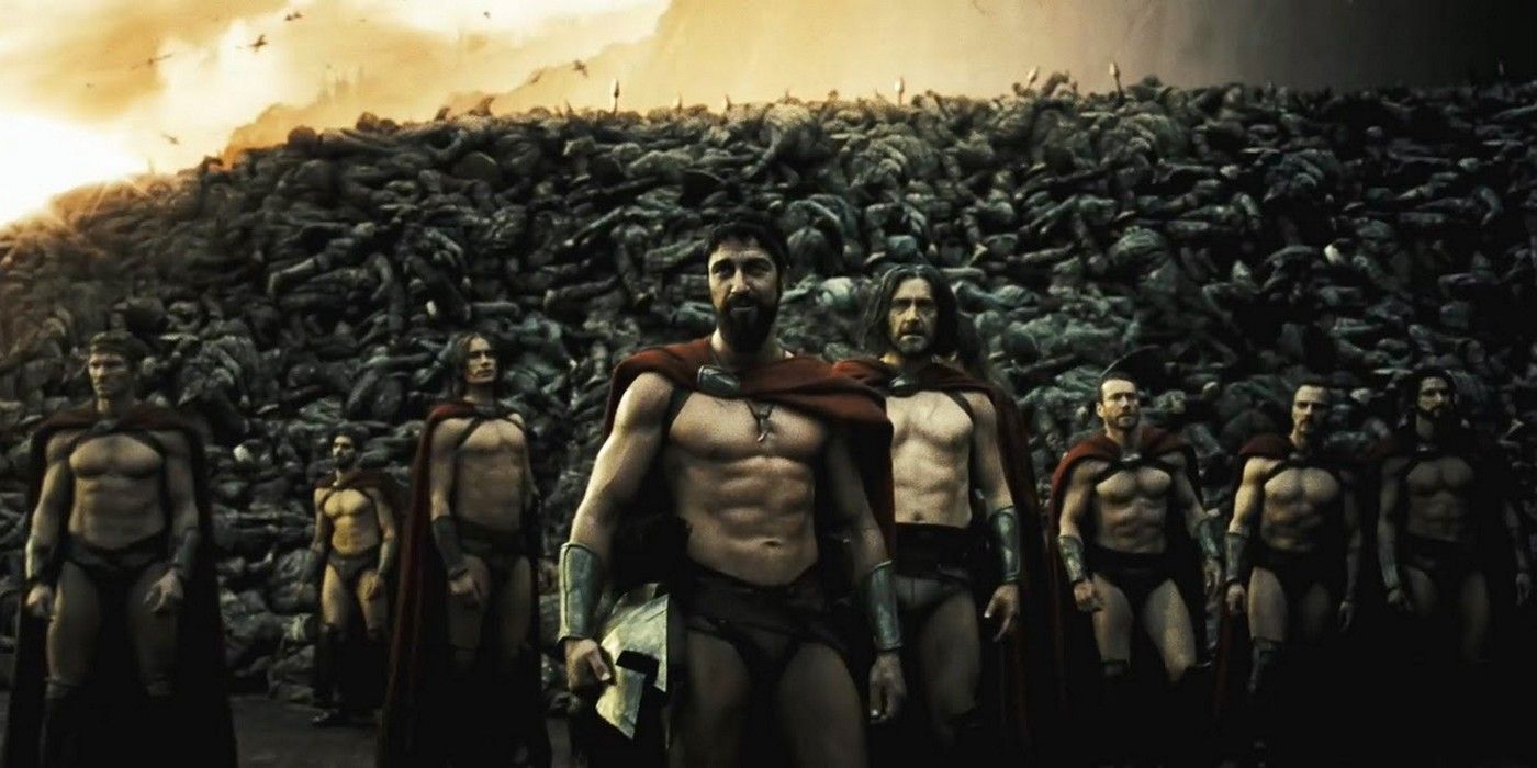 Gerard Butler and the wall of bodies in 300.