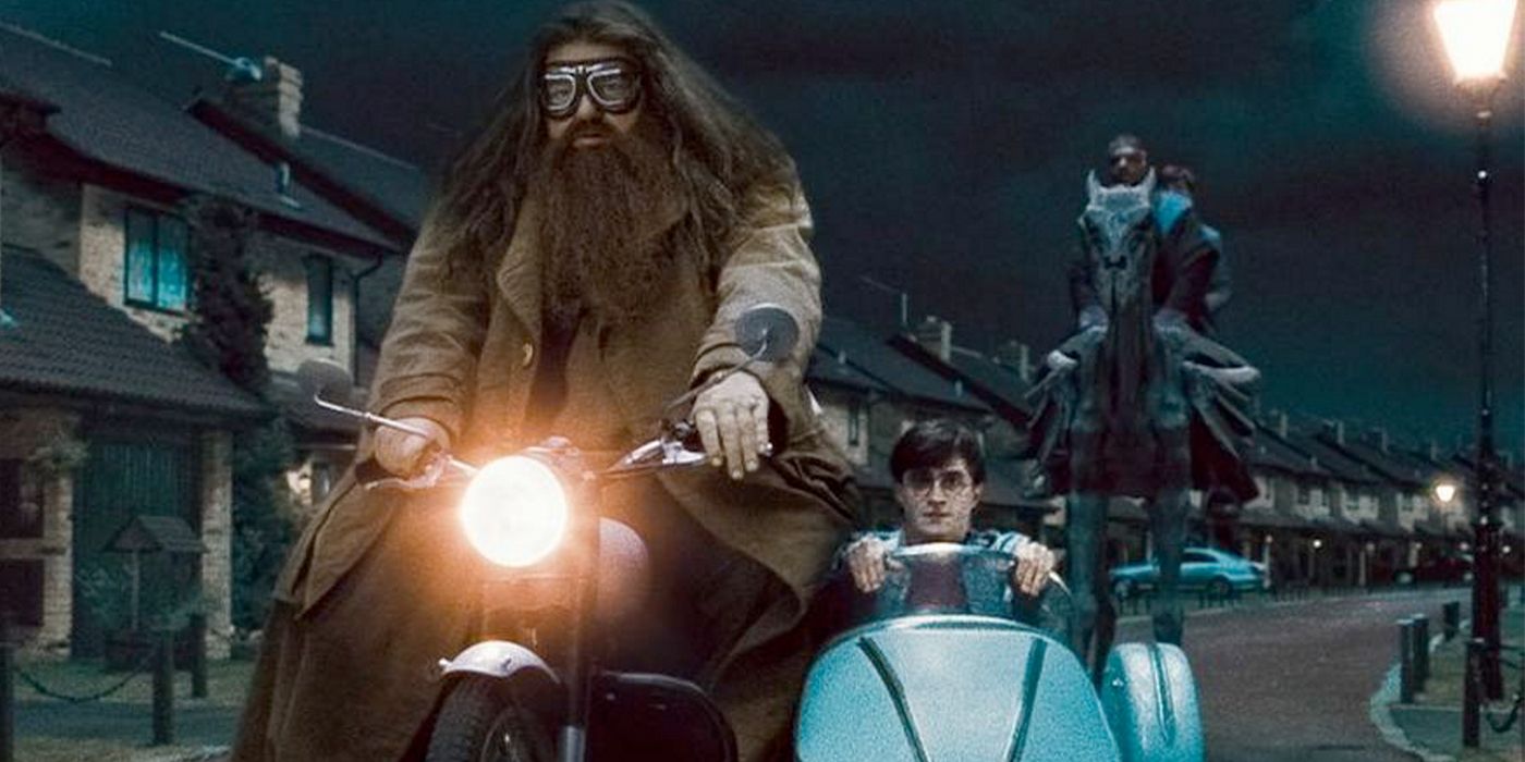 Hagrid riding his bike, Harry in the sidecar Harry Potter