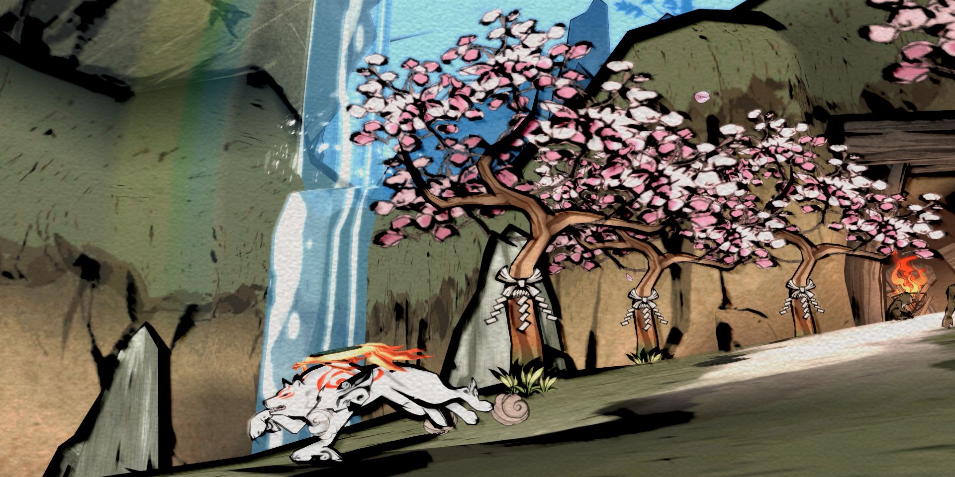 Amateratsu runs through a grove of cherry trees in Okami.