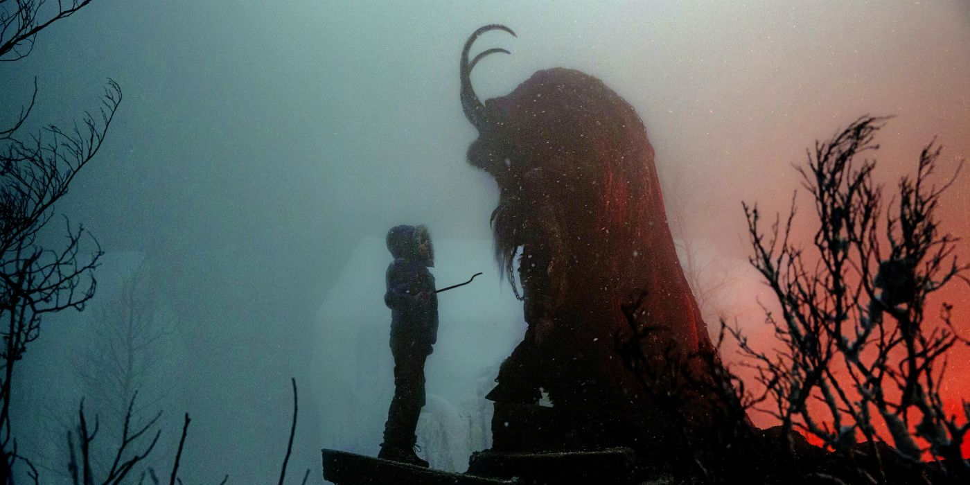 Krampus stands in front of a little boy