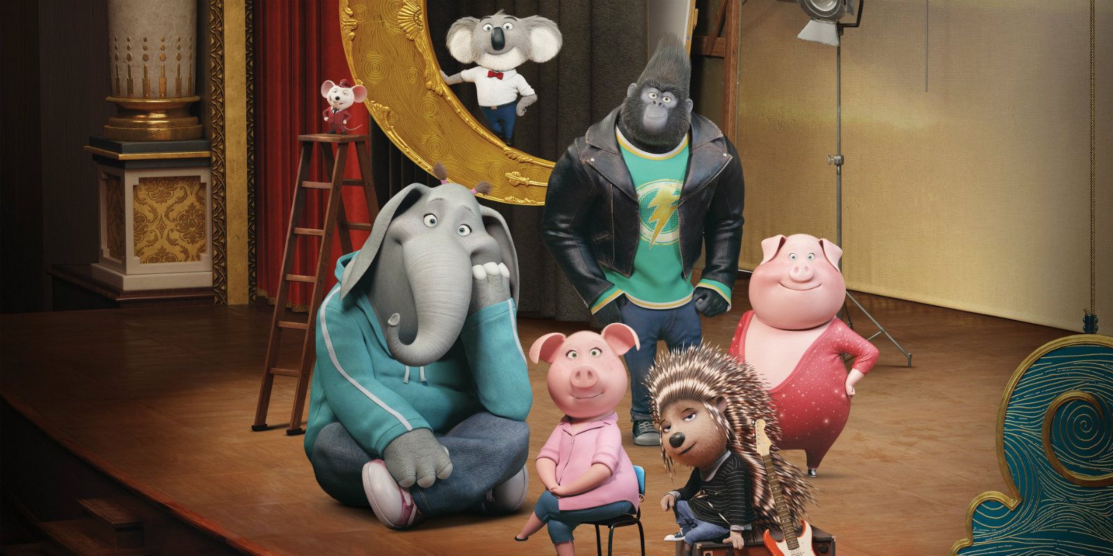The main characters of Sing posing together on stage