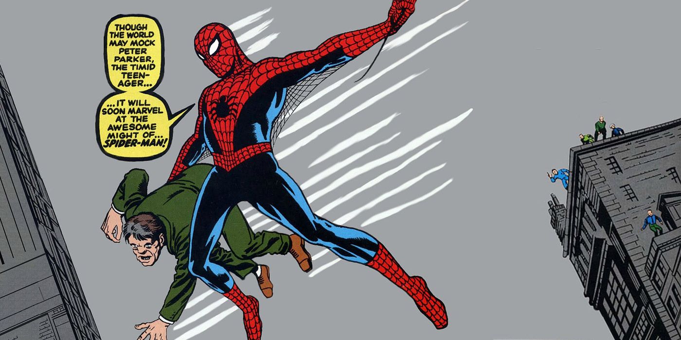 Spider-Man swings into action on the cover of Amazing Fantasy 15.
