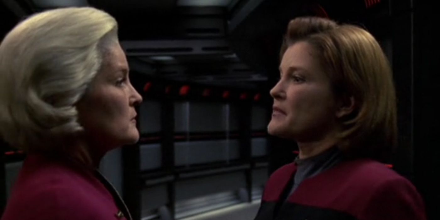 An aged Janeway faces off with her younger self from Star Trek Voyager