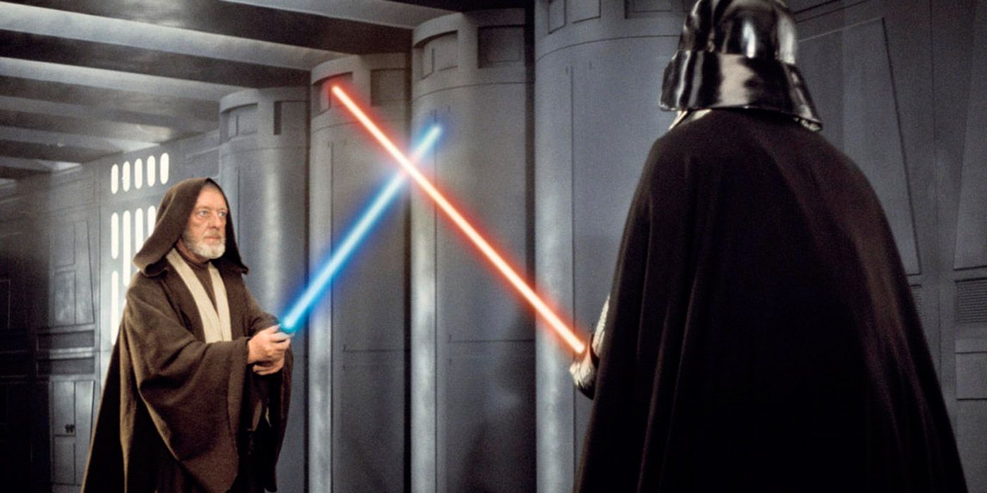 Obi-Wan and Darth Vader fight in Star Wars