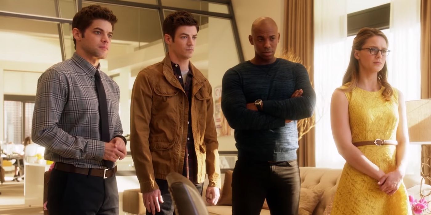 Winn, James, and Kara, plus Barry Allen (The Flash) in the Supergirl Crossover