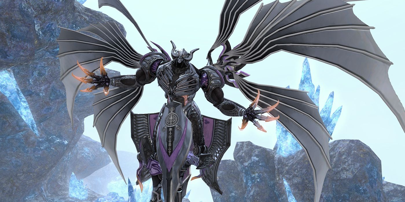 The winged Bahamut, Aspect of Chaos, in the sky in Final Fantasy XIV.