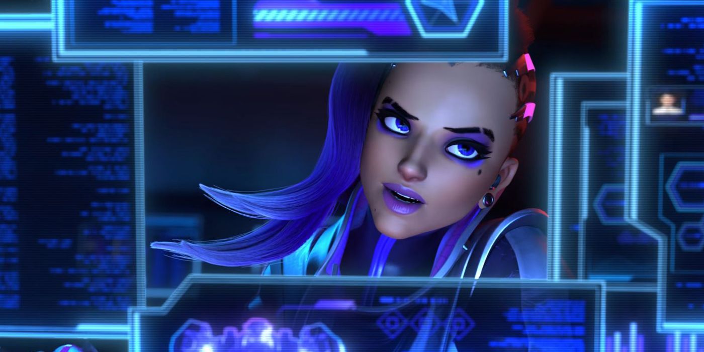 Sombra in Overwatch hacking a device.