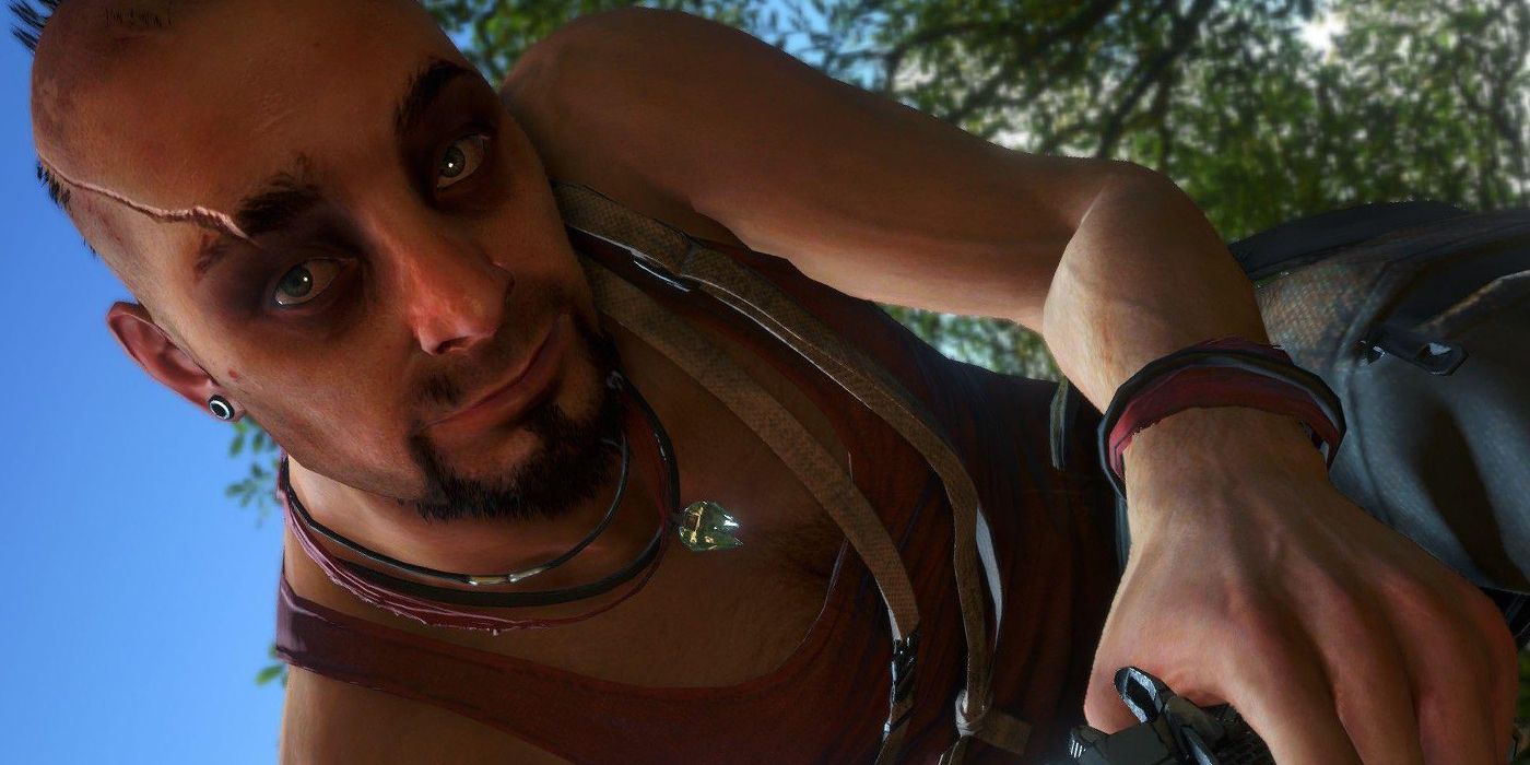 Vaas looking at the player in Far Cry 3 as he is about to explain the definition of insanity.