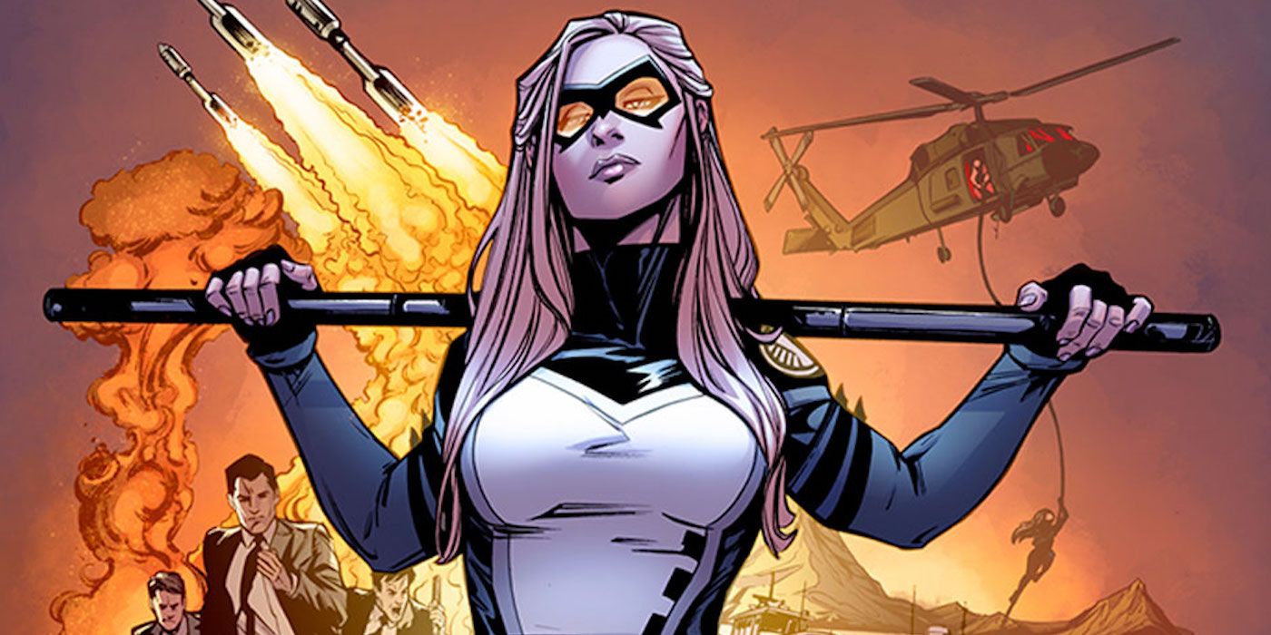 Mockingbird posing with a stick in the comics