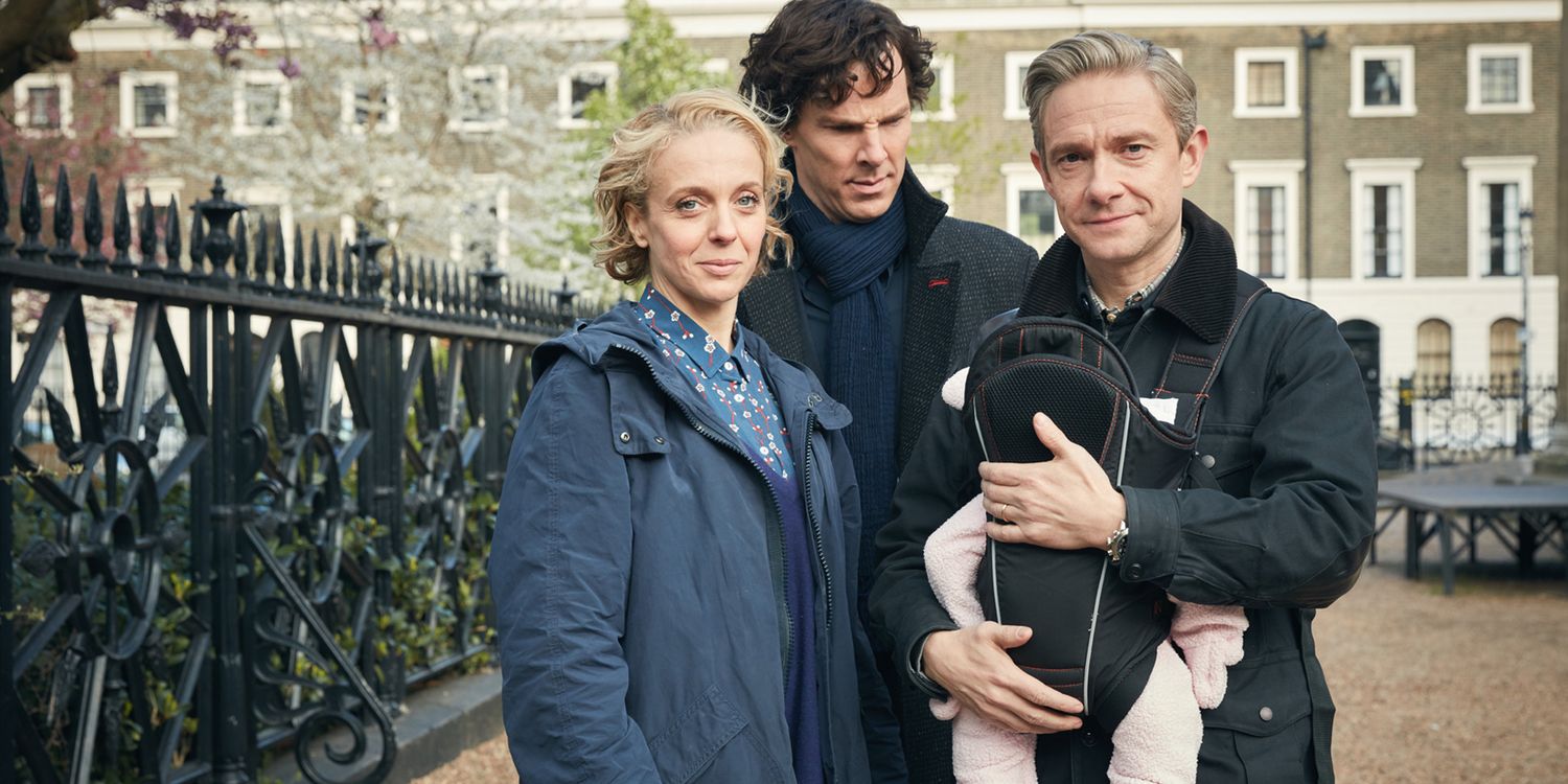 Amanda Abbington Benedict Cumberbatch and Martin Freeman in Sherlock Season 4