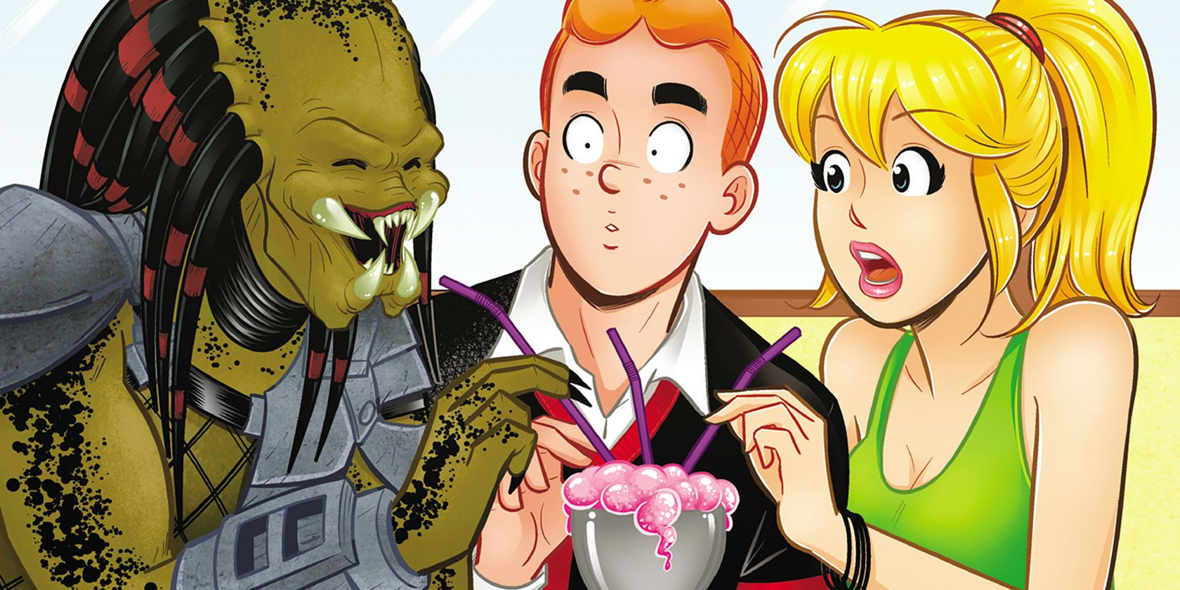 The Predator happily drinks a milkshake next to the startled Archie and Betty
