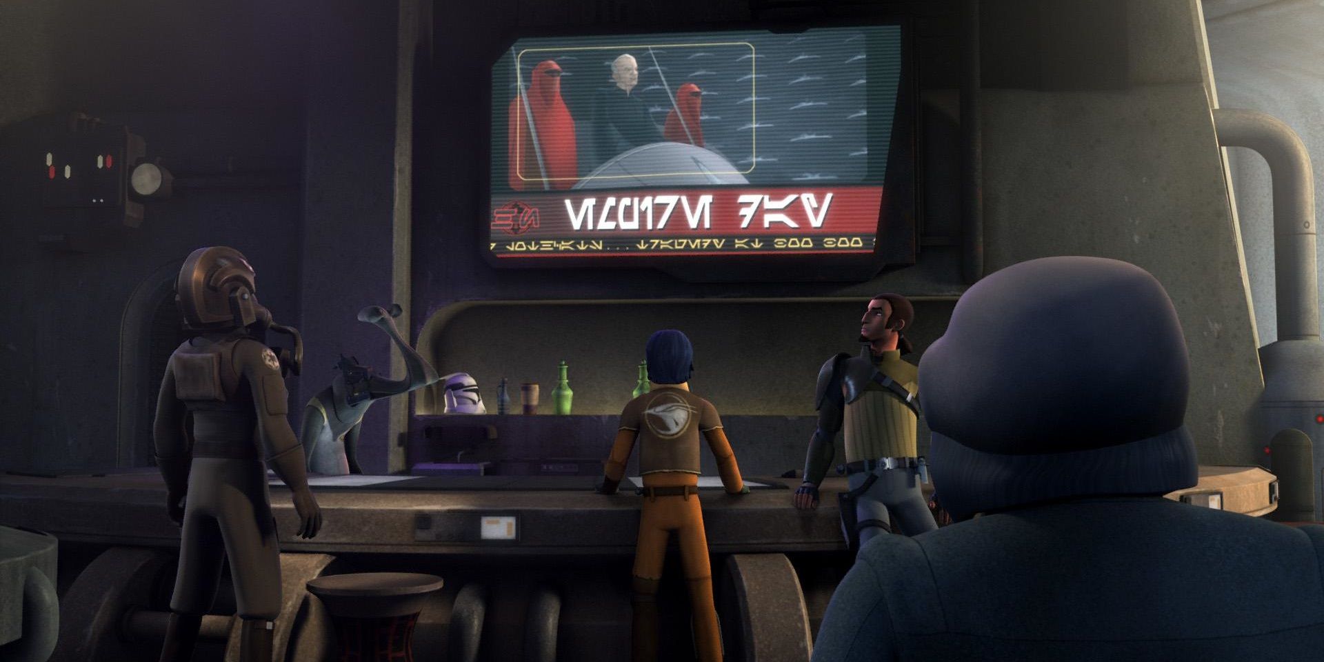 Bar patrons watch the HoloNet News in Star Wars Rebels