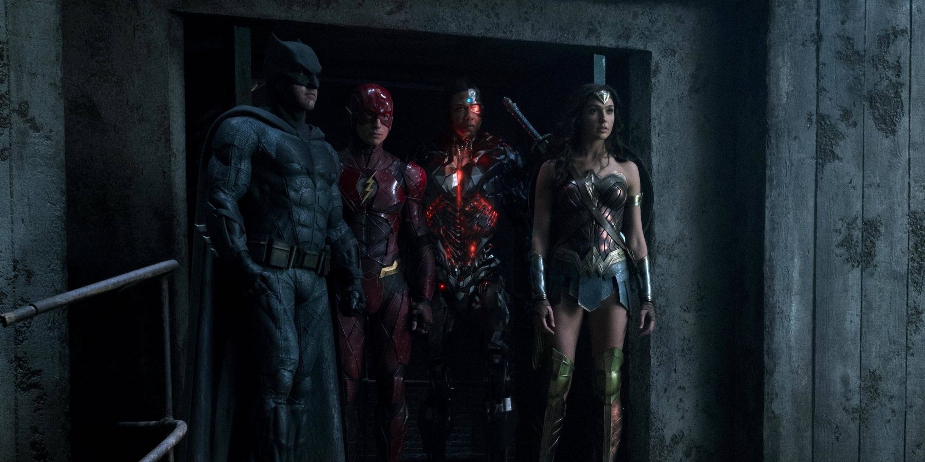 Batman, The Flash, Cyborg, and Wonder Woman in Justice League.