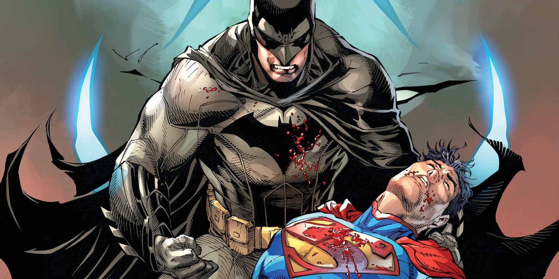 Batman holding a bleeding Superman