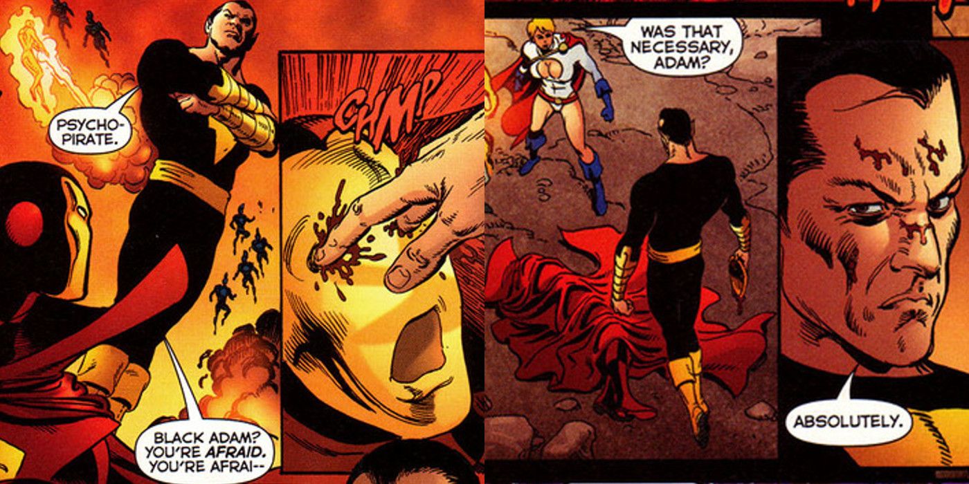 Black Adam gouges out Psycho Pirate's eyes.