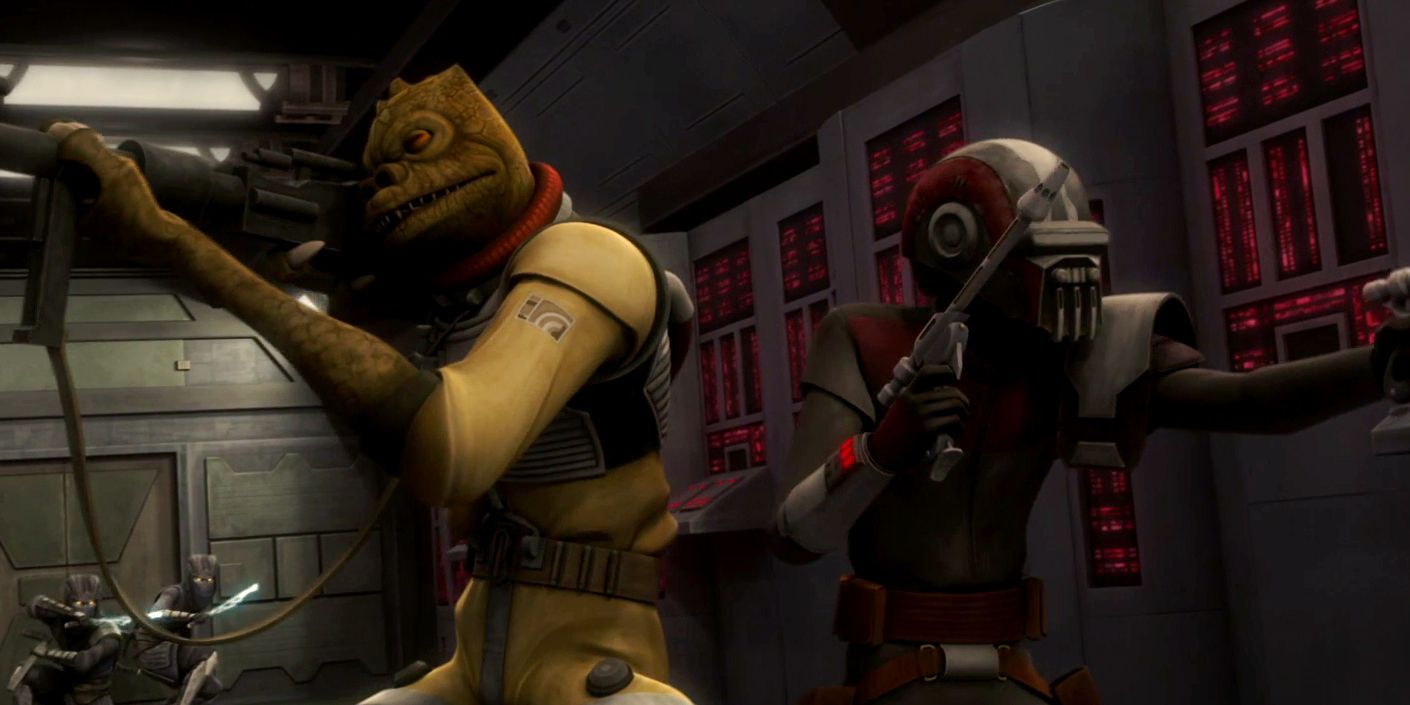 A masked, younger Boba Fett teams up with Bossk on a spaceship