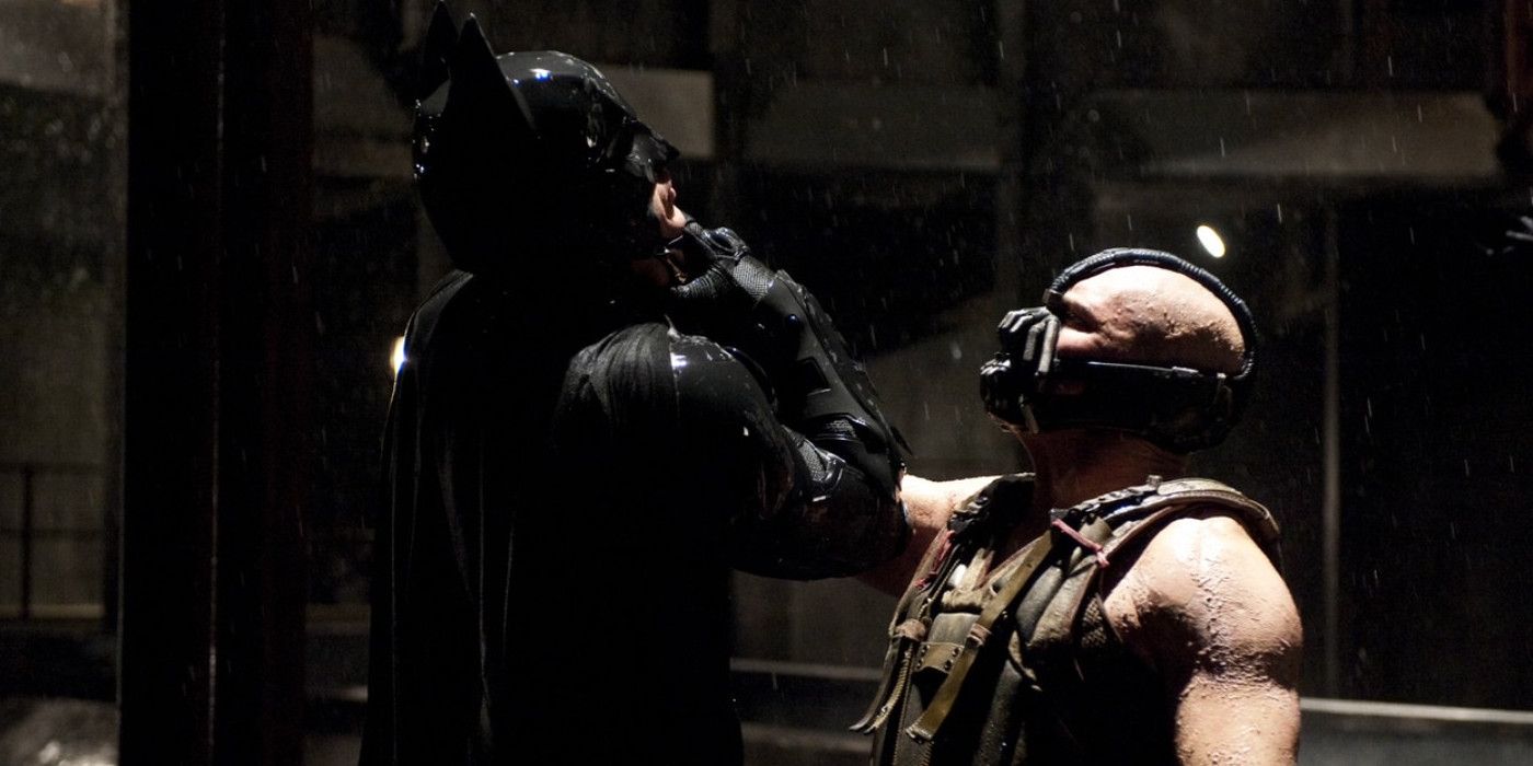 Christian Bale as Batman and Tom Hardy as Bane in The Dark Knight Rises