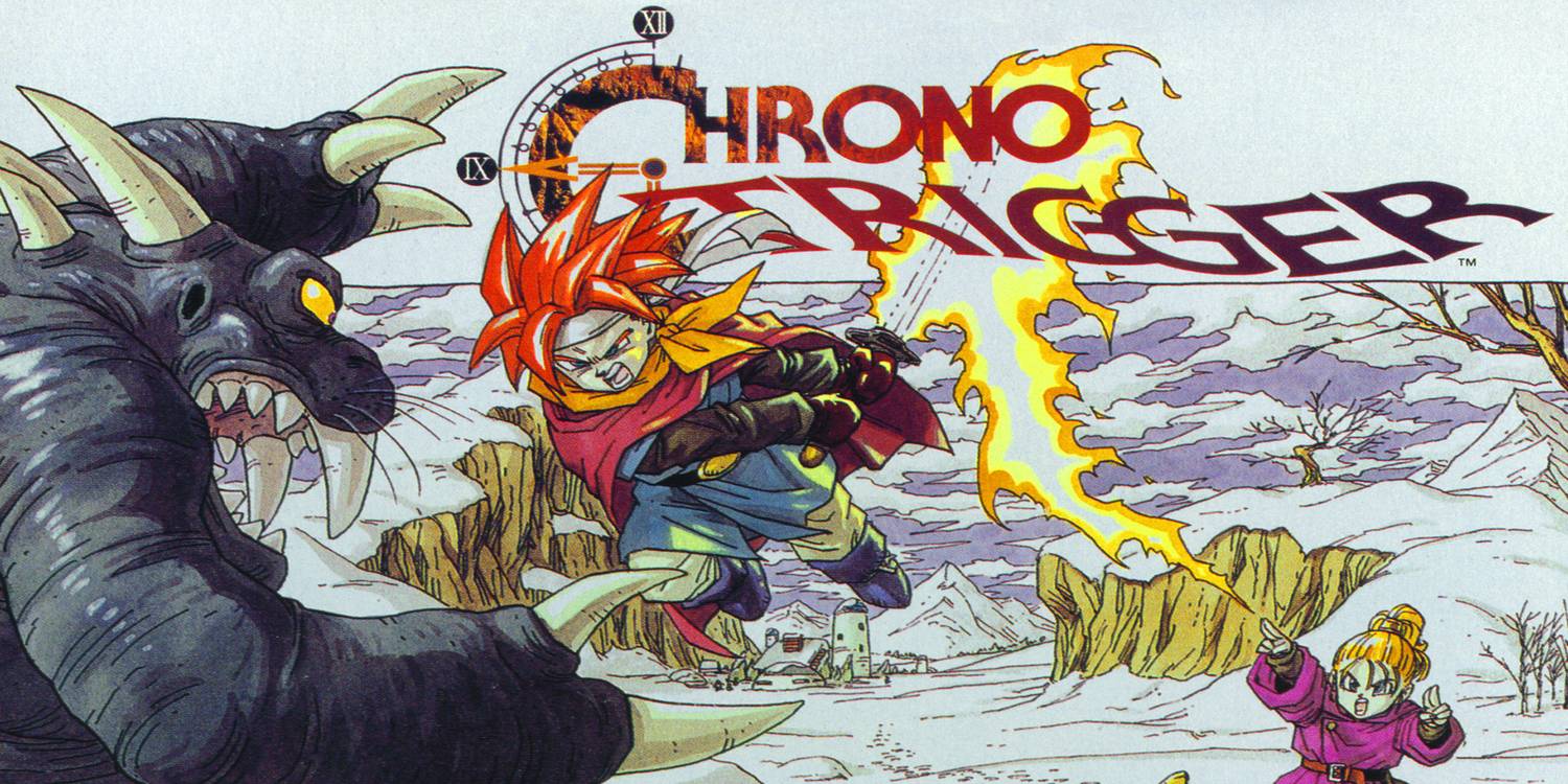 Na caixa Chrono Trigger, um espadachim ataca um monstro azul enquanto um mago fortalece sua lâmina.