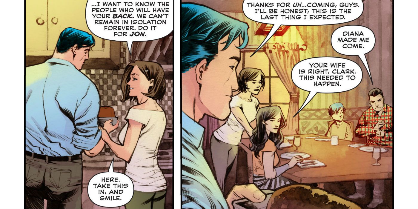 Clark and Lois have Batman and Wonder Woman over for dinner