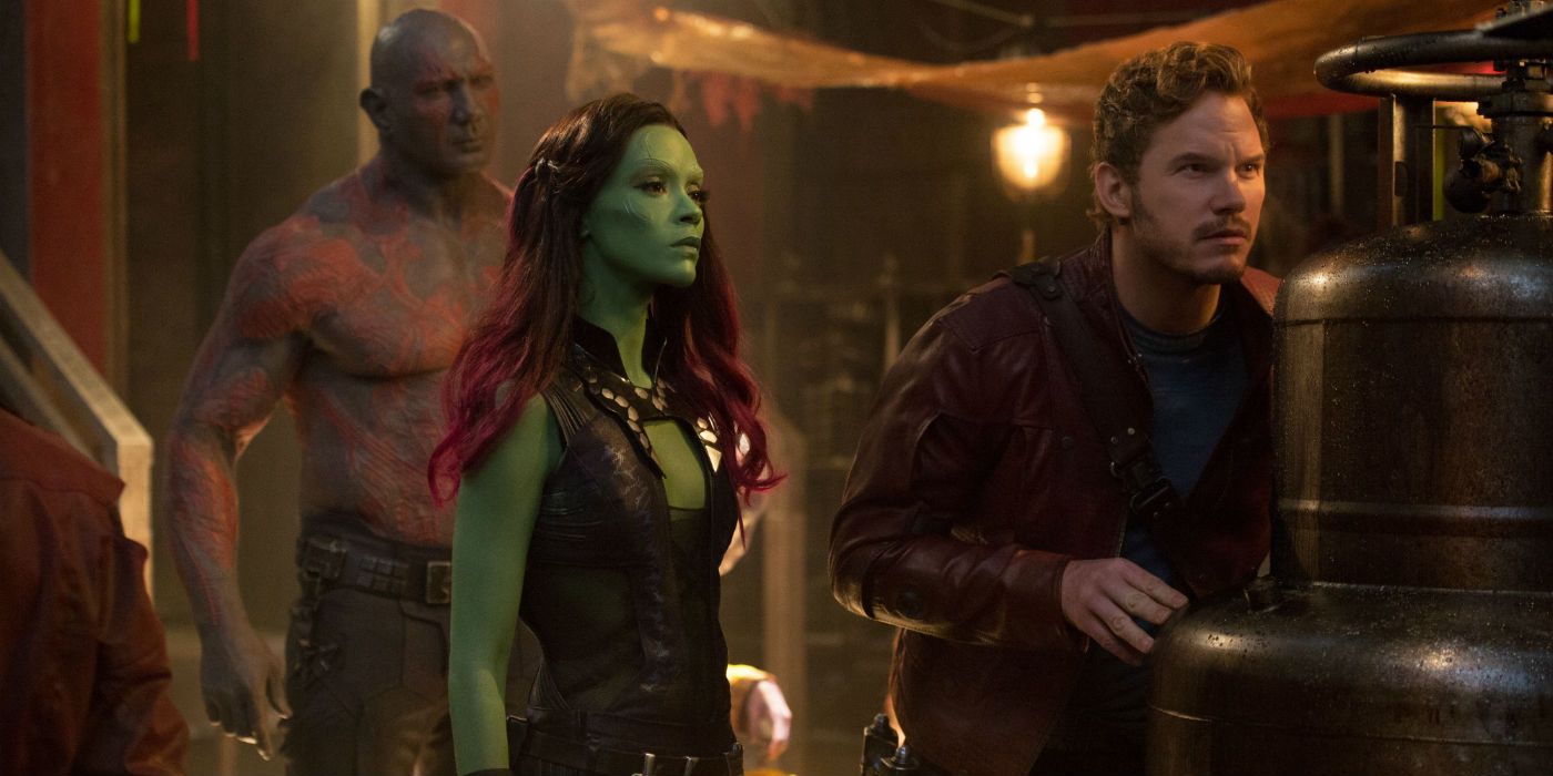 Dave Bautista, Zoe Saldana, and Chris Pratt in Guardians of the Galaxy