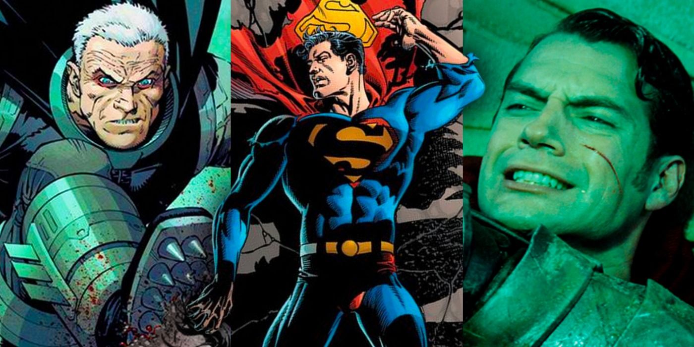 A split image features Batman in Dark Knight Returns comic, the death of Superman in DC comics, and Superman in the Batman v Superman movie fight