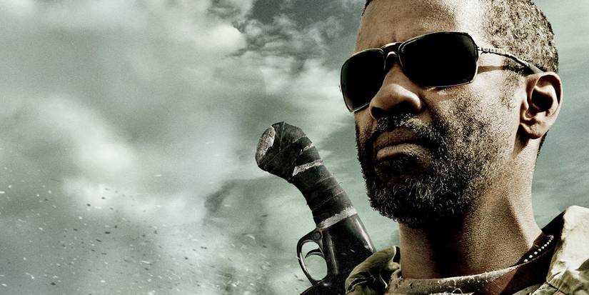 Denzel Washington looking to the distance in a promo image for The Book of Eli.