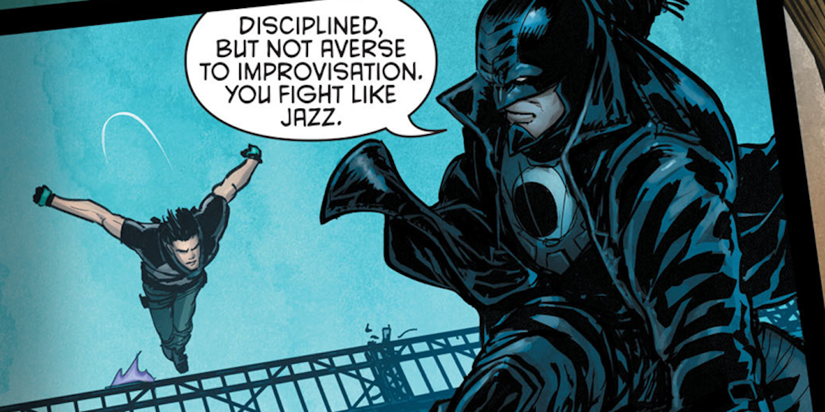 Dick Grayson improvising against Midnighter by fighting like jazz