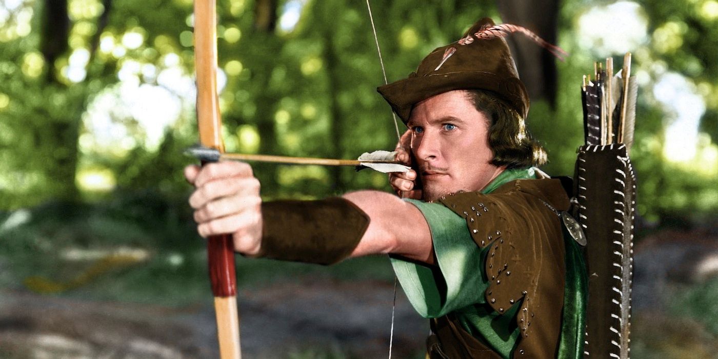 Robin Hood pointing his bow and arrow in The Adventures of Robin Hood