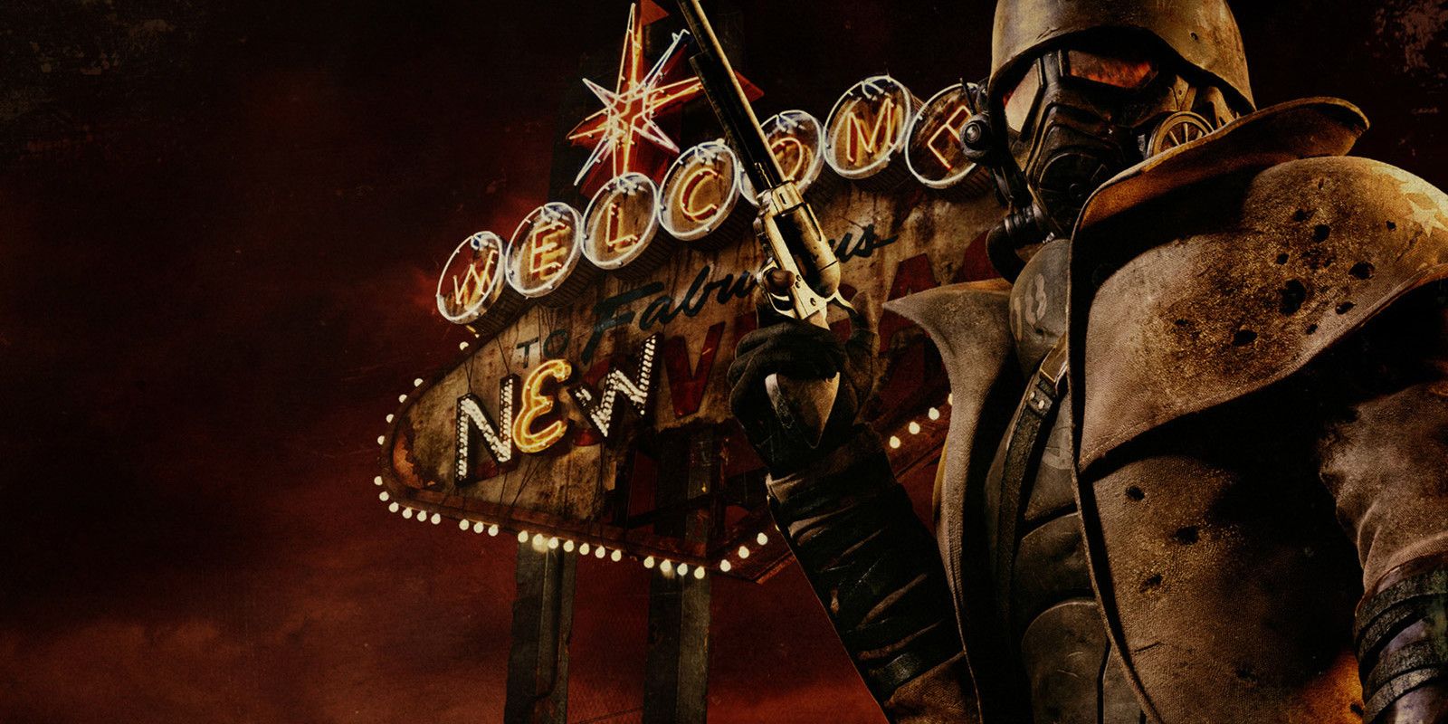 Image of an armored Fallout New Vegas character in front of a Welcome to New Vegas sign.