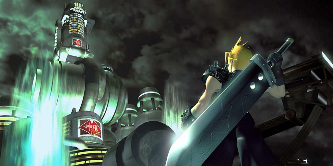 Cloud, a blonde swordsman from Final Fantasy VII, stands facing the huge Shinra building.
