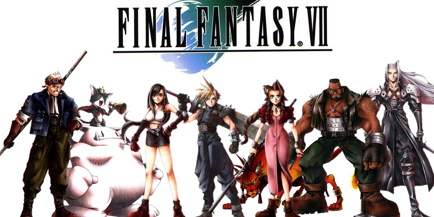 The cover image from Final Fantasy VII showing all of the characters lined up under the title. 