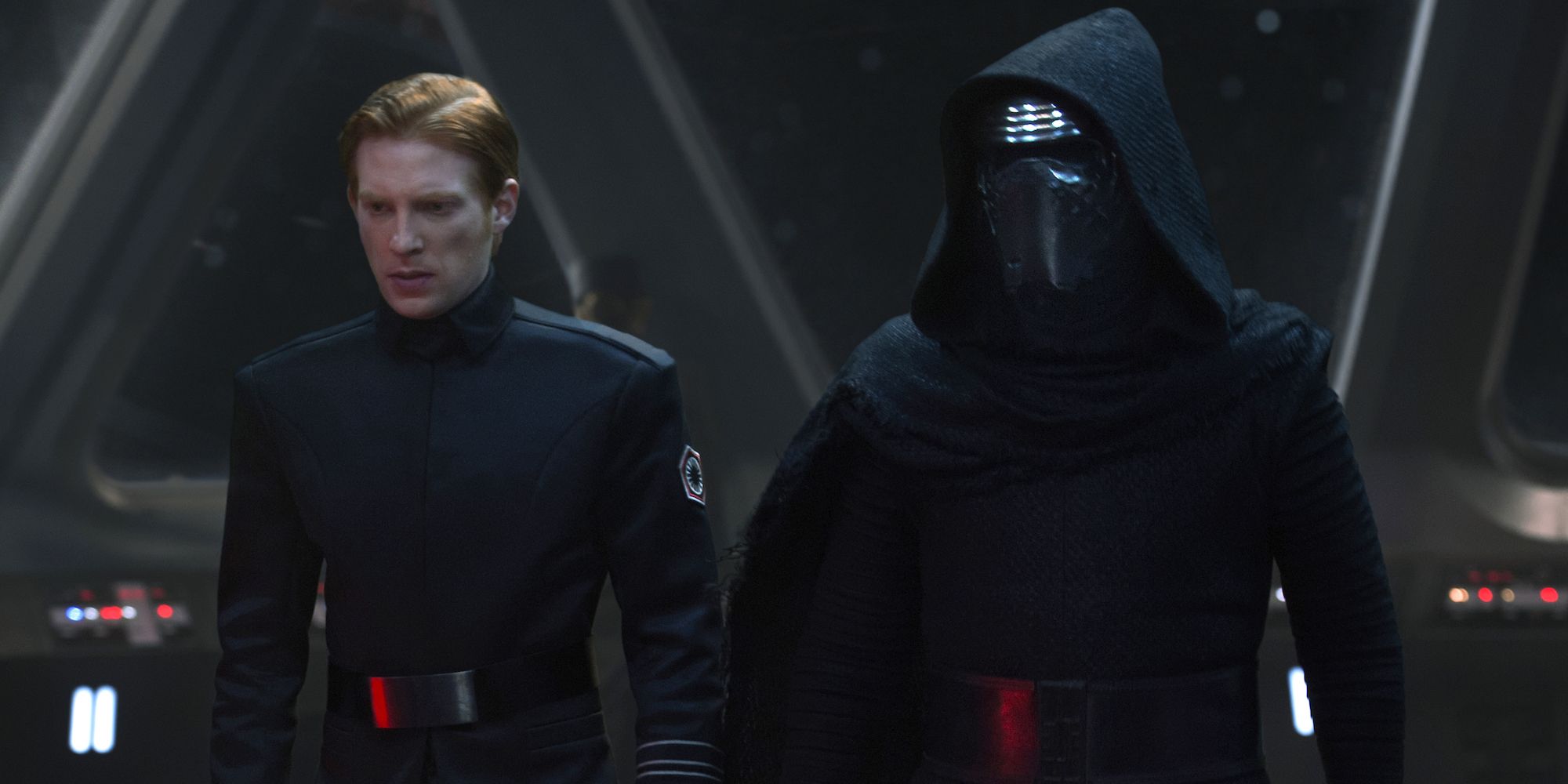 General Hux and Kylo Ren stand side by side in Star Wars: The Force Awakens.