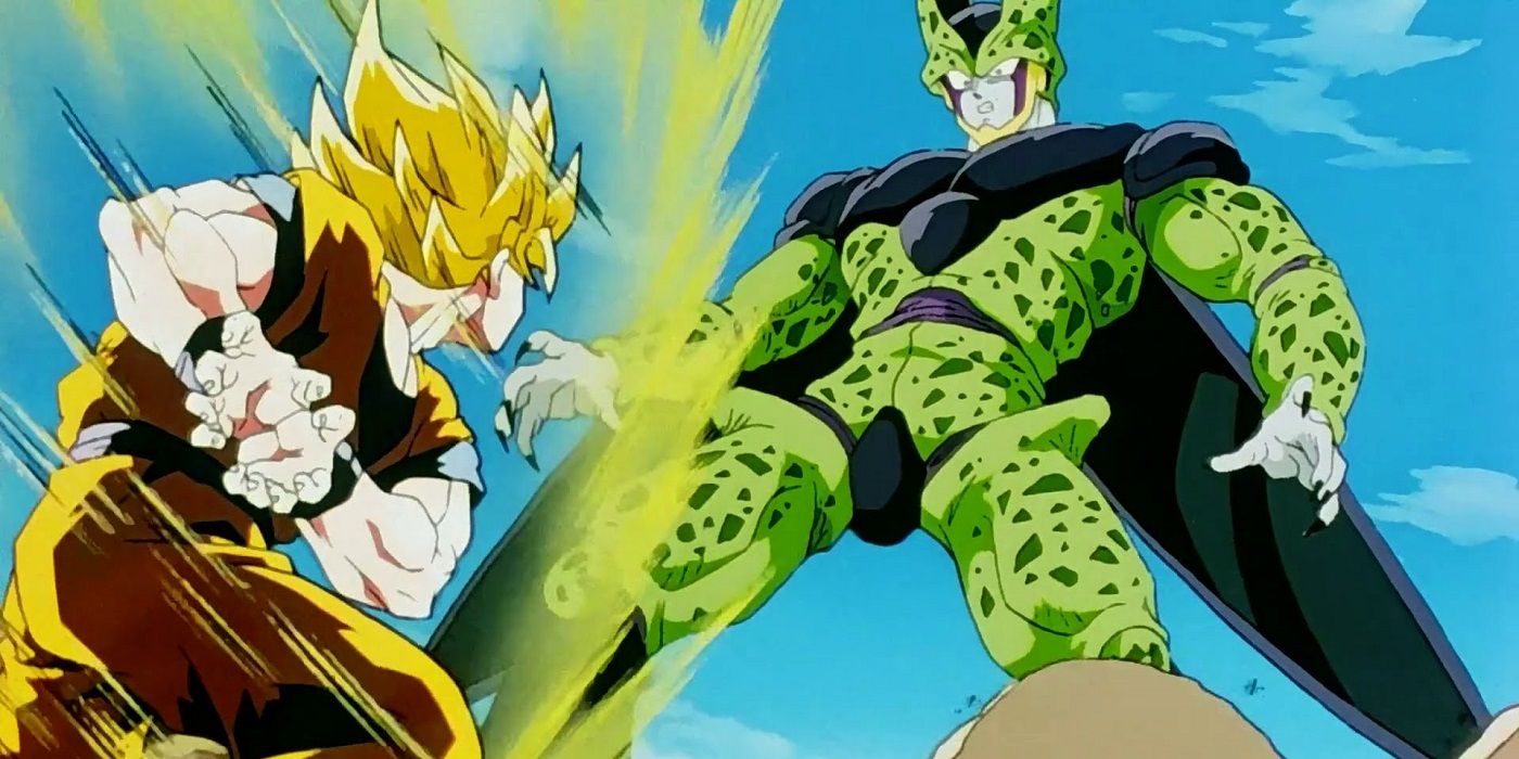 Goku's Kamehameha destroys Cell's head in Dragon Ball Z
