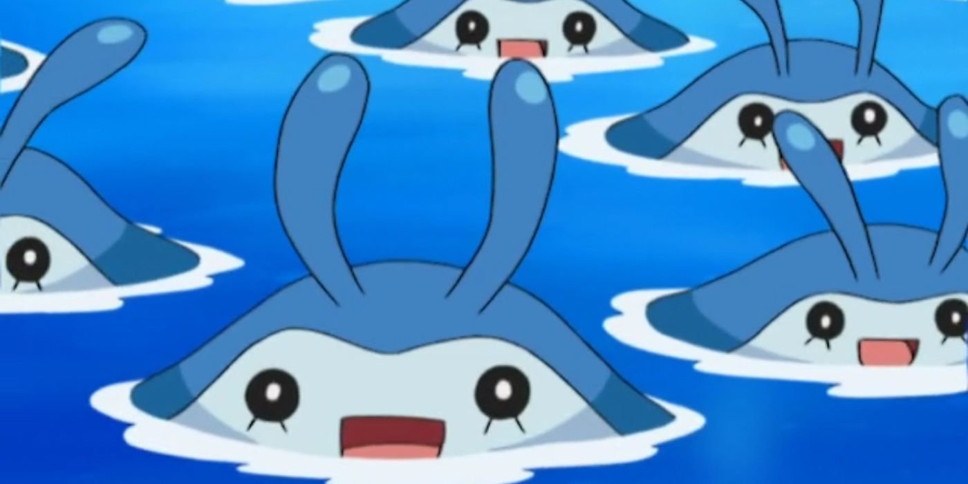 A group of Baby Mantyke swimming in the water in the Pokemon anime
