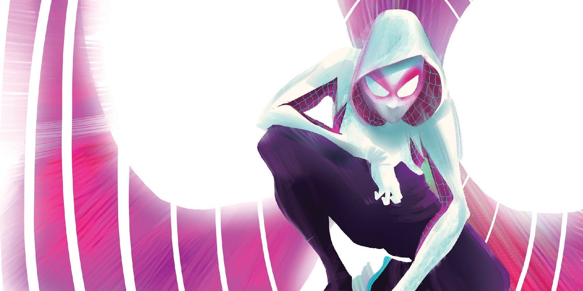 Spider-Gwen kneeling in front of a web 