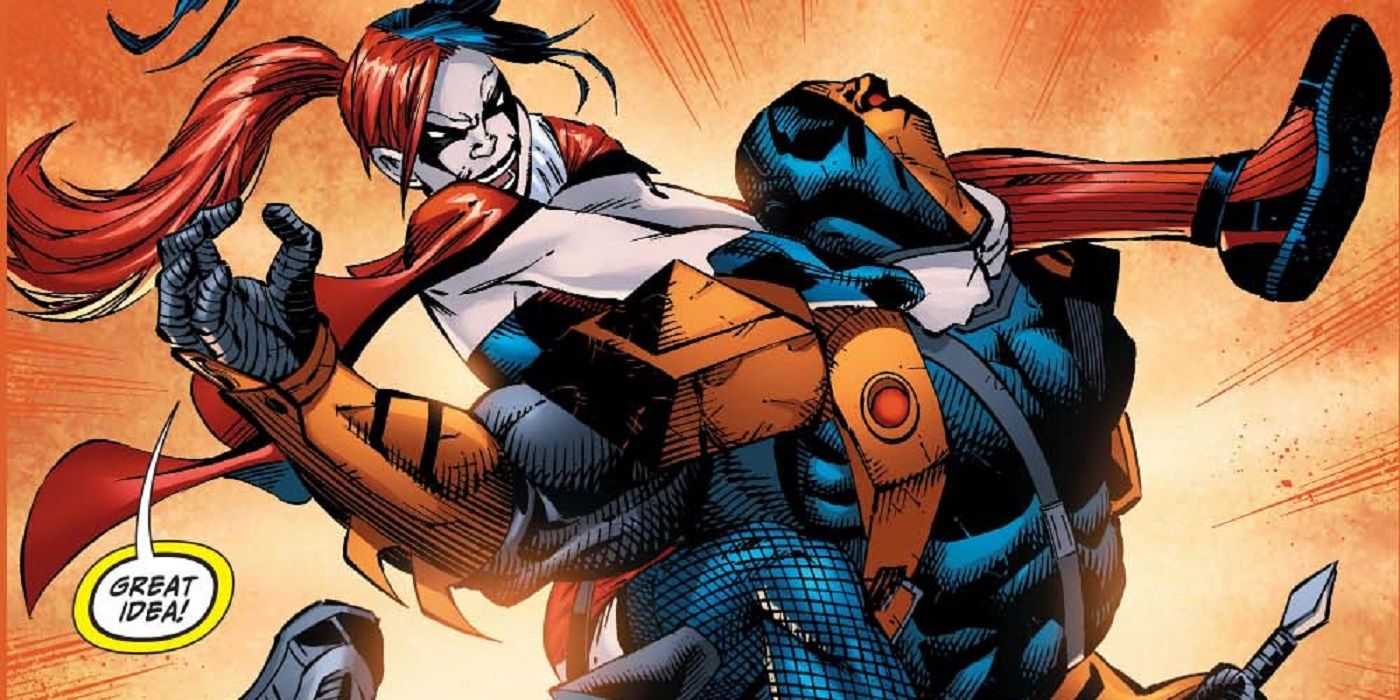 Harley Quinn attacks Deathstroke in the Suicide Squad comics.