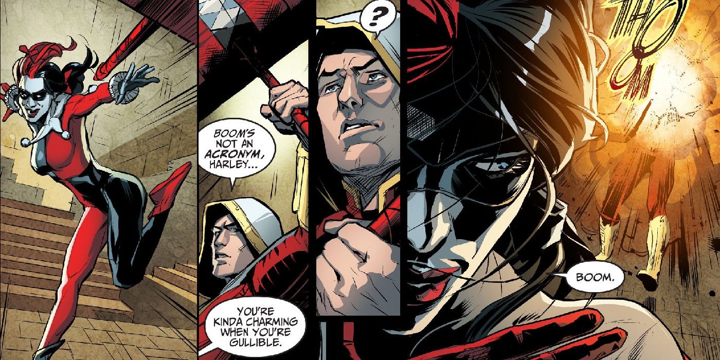Harley Quinn blows up Shazam in DC Comics.