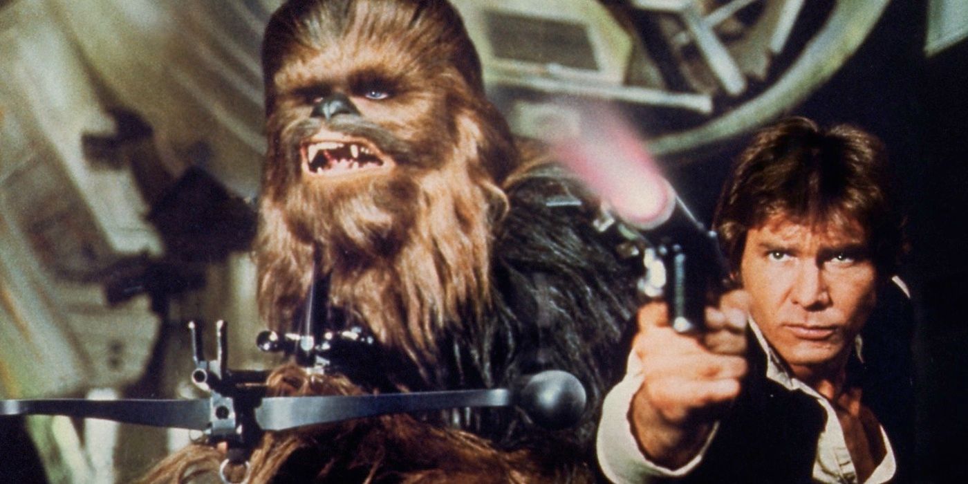 Han Solo and Chewbacca fire their blasters in Star Wars