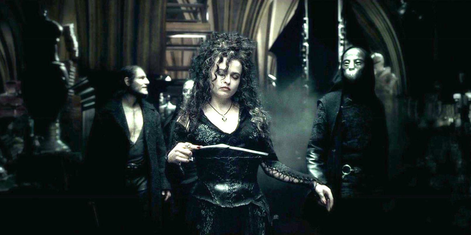 Bellatrix arrives with other death eaters in Harry Potter