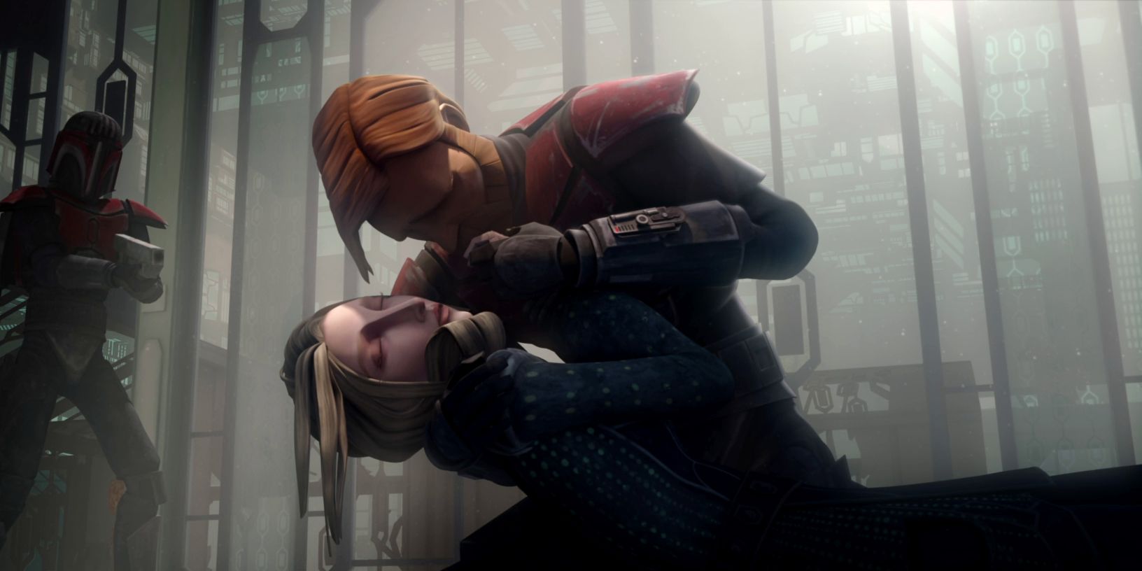 Obi Wan Kenobi holds a dying Duchess Satine in Clone Wars