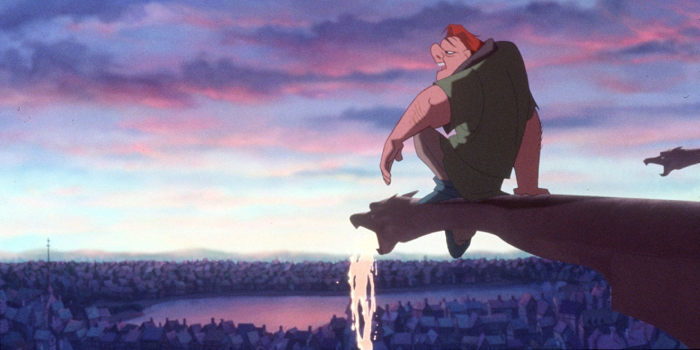 Quasimodo at the top of the cathedral in Disney's animated The Hunchback of Notre Dame