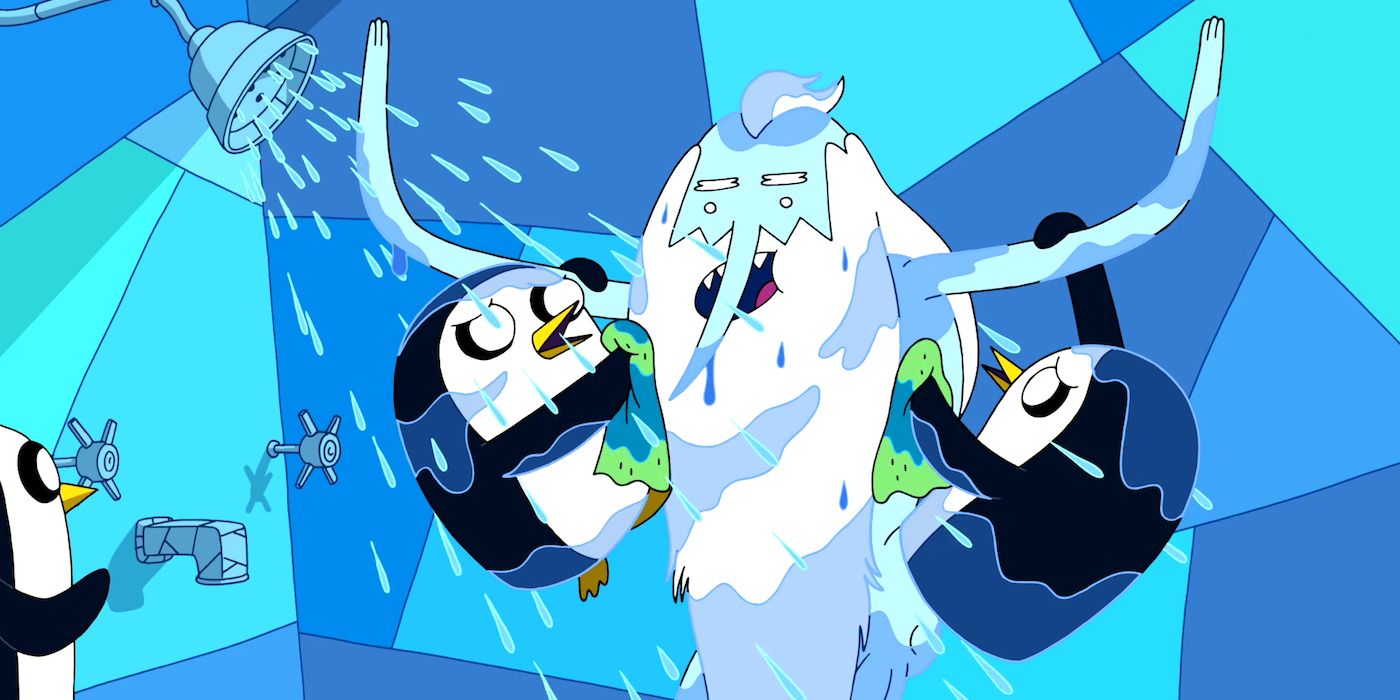 Ice King in the Shower with Gunter and the Penguins on Adventure Time