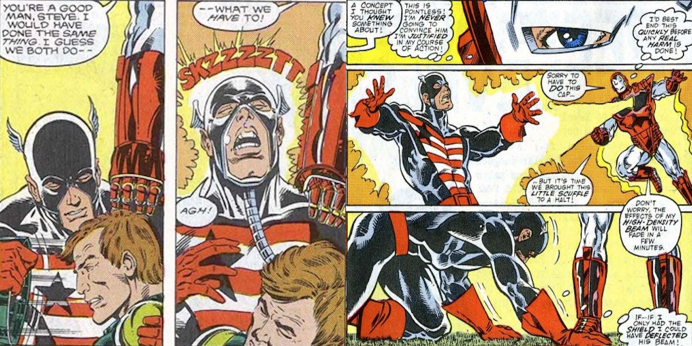 Iron Man Beating Captain America in Armor Wars from Marvel Comics