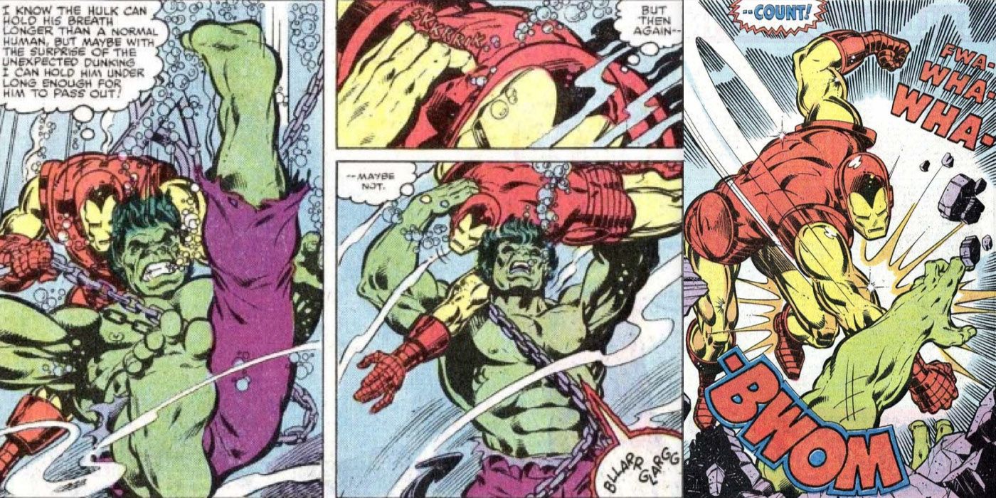 Iron Man Fighting and Knocking Out The Hulk in Marvel Comics